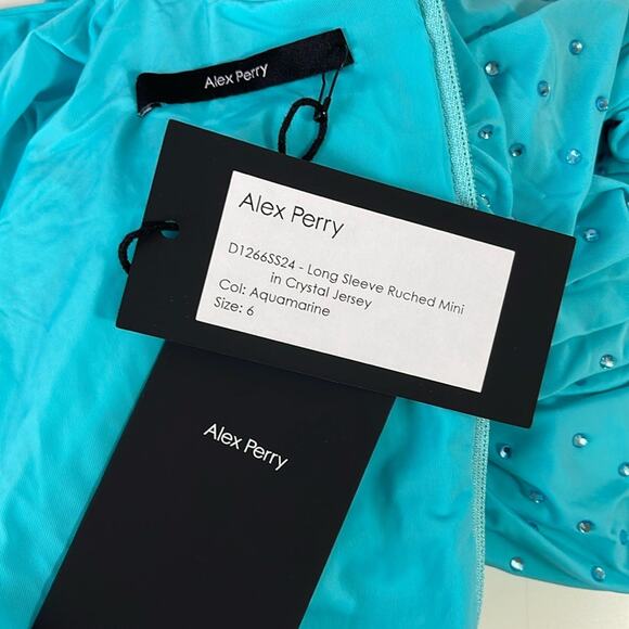 Alex Perry Crystal Embellished Ruched Jersey Long Sleeve Blue Mini Dress Sz 2 - Picture 11 of 13